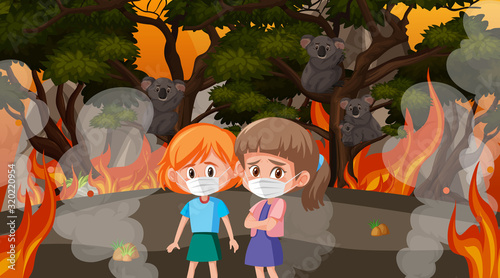 Scene with children and animals in the big wildfire
