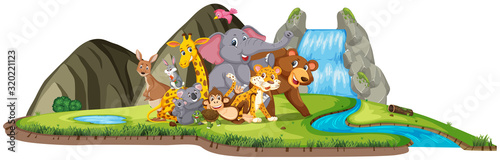Scene with many wild animals by the waterfall at day time