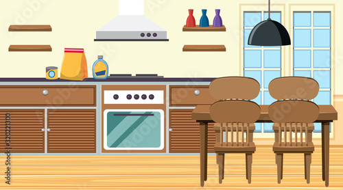 Kitchen with stove and dining table