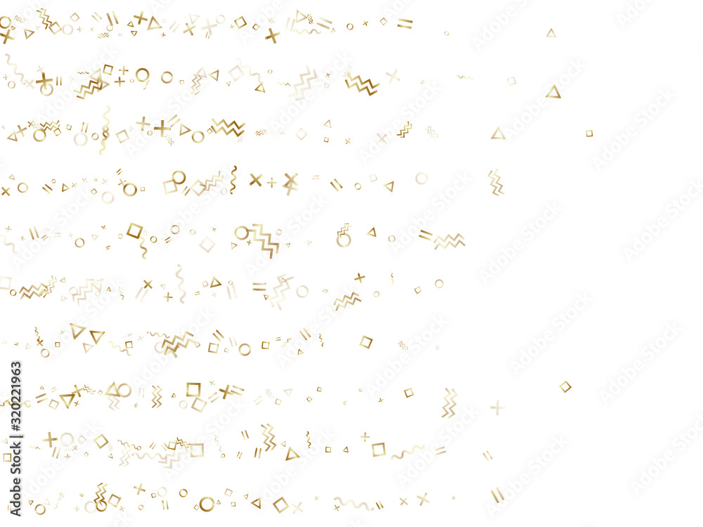 Memphis style geometric confetti vector background of triangle circle square shapes, chevron wavy lines.