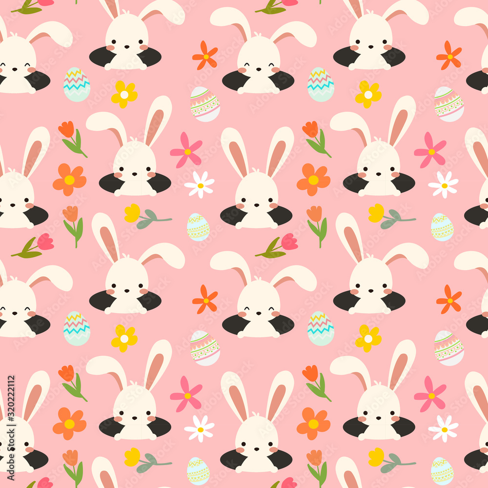 Seamless easter pattern with white bunny, rabbit with decorative ornamental eggs and spring bright flowers. Pink background