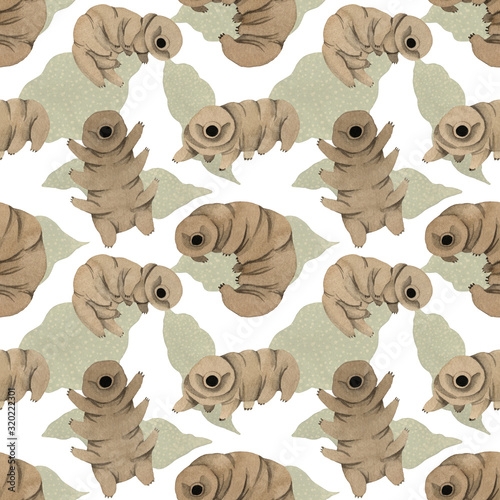Seamless pattern cute kawaii watercolor tardigrades, water bear with macro leaves on white background. For children prints