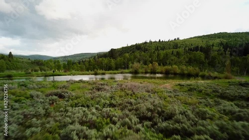 Drone shot going over a meadow and pond with green shubs and trees surrounding it. (slow motion) photo