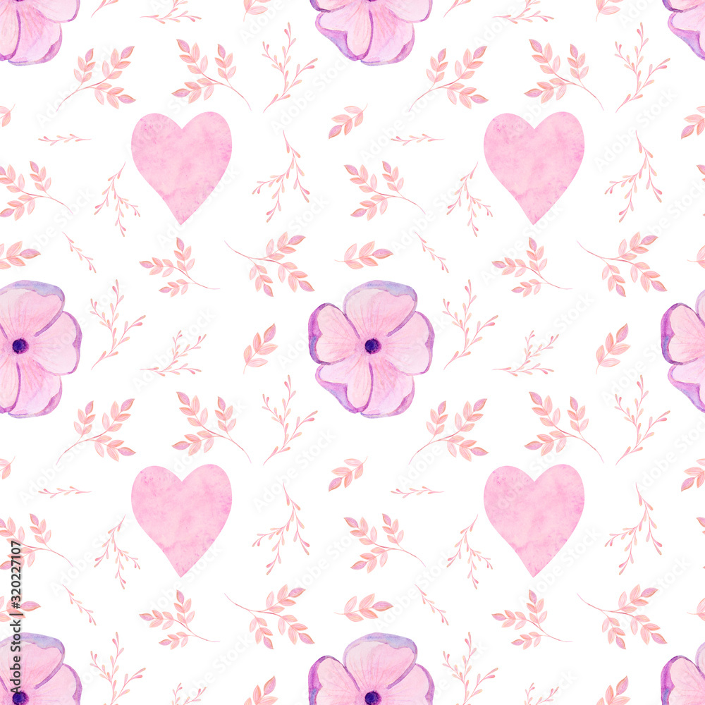 seamless pattern pink flower, hearts watercolor valentines day