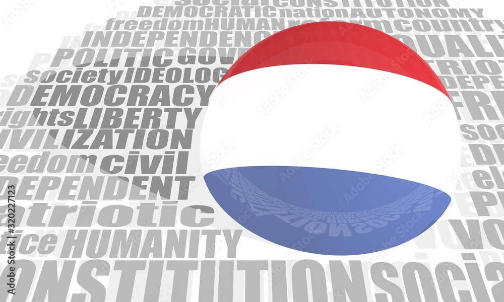 Naklejka premium Word cloud with words related to politics, government, parliamentary democracy and political life. Flag of the Netherlands. 3D rendering
