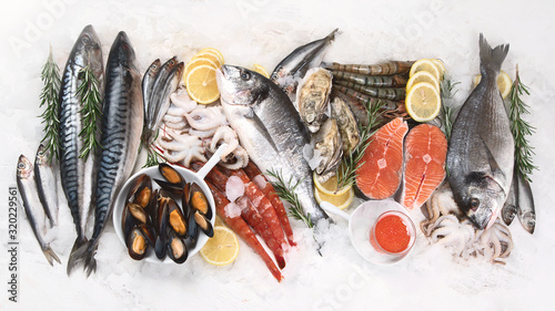 Fresh raw seafood.