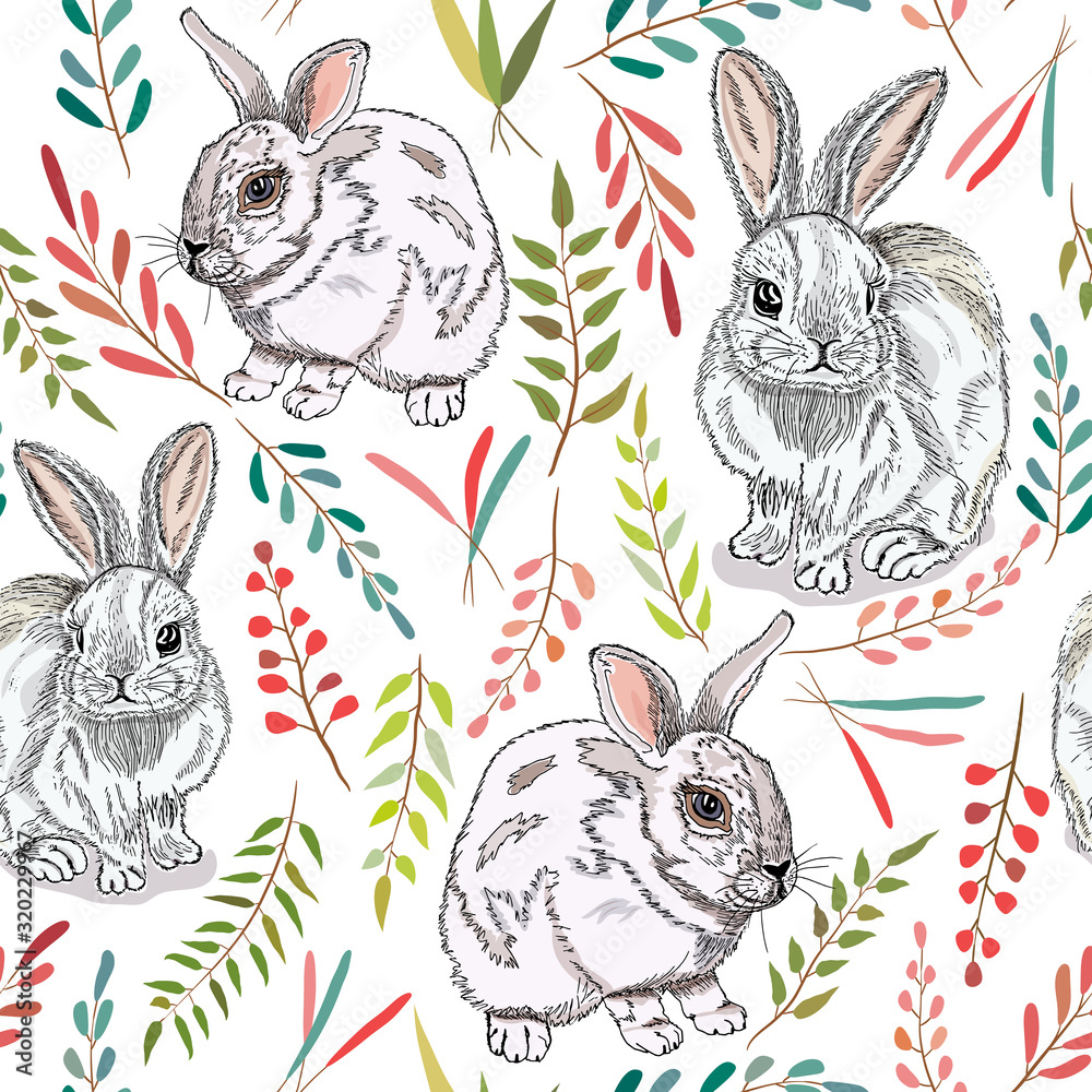 Fototapeta premium Seamless pattern with hand drawn rabbits and spring plants.