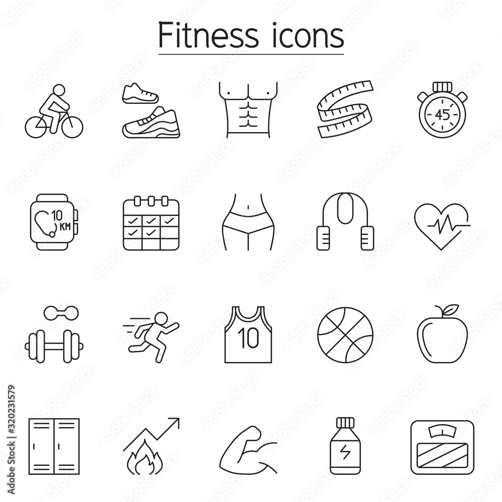 Fototapeta premium Fitness & Exercise icon set in thin line style