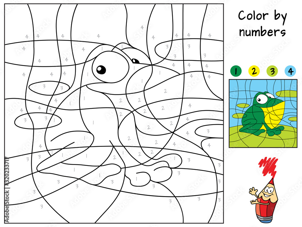 Funny little frog sitting on a leaf. Color by numbers. Coloring book