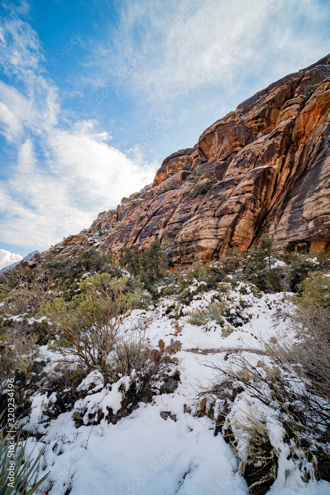 Winter snowy landscape of the famous Red Rock Canyon