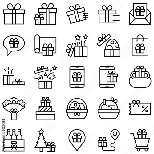 Gift related vector icon set, line style