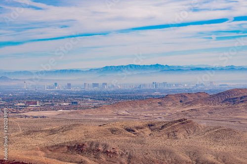 High angle view of the Las Vegas skyline from the famous Red Rock Canyon