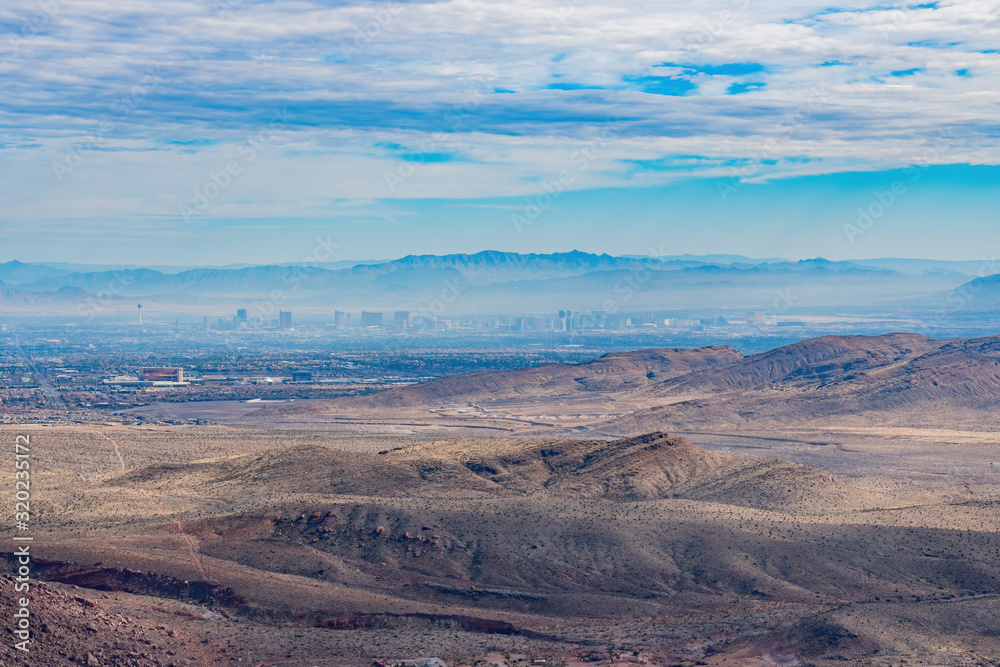 High angle view of the Las Vegas skyline from the famous Red Rock Canyon