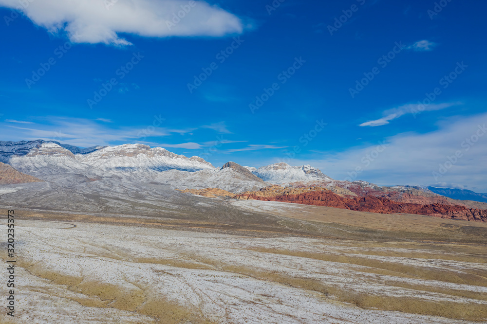Aerial view of the winter snowy landscape of the famous Red Rock Canyon