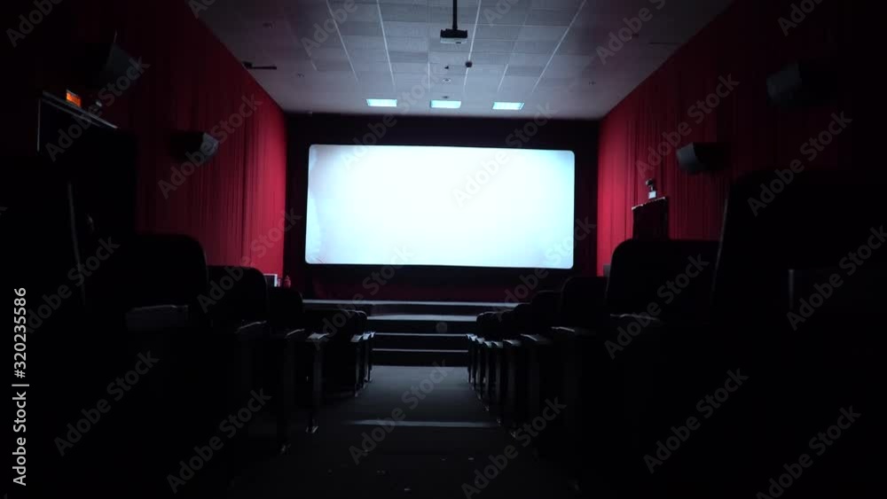 Empty movie theater, watching a movie. cinema hall. Viewers watch a movie in a movie theater. Filmmakers watch the film on an empty screen