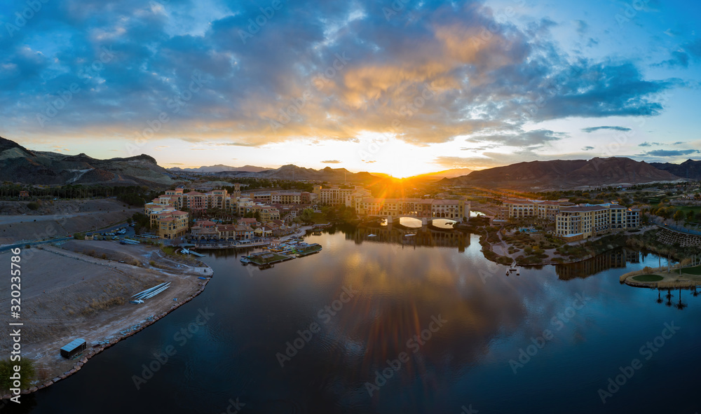 Sunset aerial view of the beautiful Lake Las Vegas area
