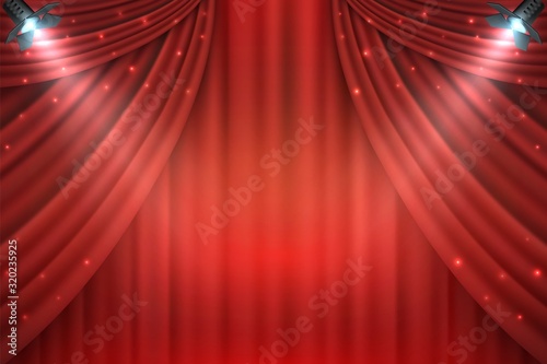 Theater curtains background. Realistic red velours open drapes, 3D realistic movie award stage. Vector illustration entertainment shows premiere template with spotlight