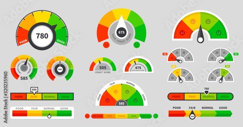 Credit score indicators. Level indicator credit limit. Speedometer goods gauge rating meter. Vector illustration set icon high level quality with arrow and scale measurement photo