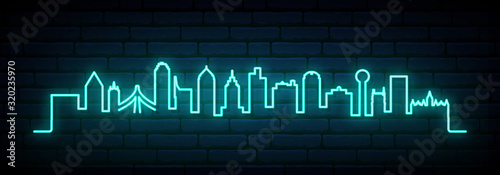 Blue neon skyline of Dallas city. Bright Dallas long banner. Vector illustration.
