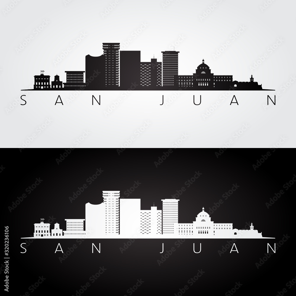 San Juan skyline and landmarks silhouette, black and white design, vector illustration.
