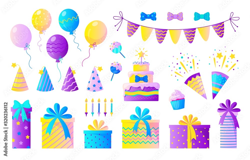 Birthday party set. Decorative elements for children party, colorful confetti balloons candles and birthday presents. Vector set sweet elements celebration out food