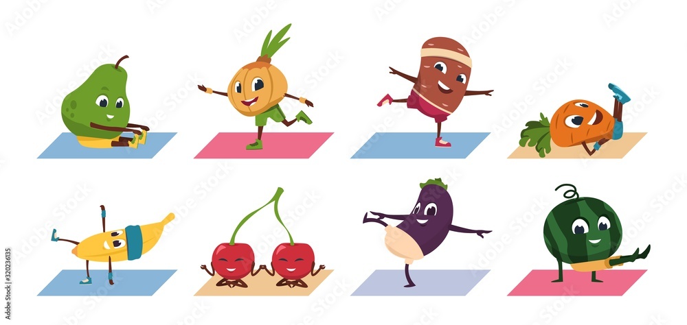 Fruit yoga. Cartoon vegetable funny characters doing yoga poses and sport  exercises, healthy food and fitness workout. Vector set comic character  fruit in athletic training Stock Vector