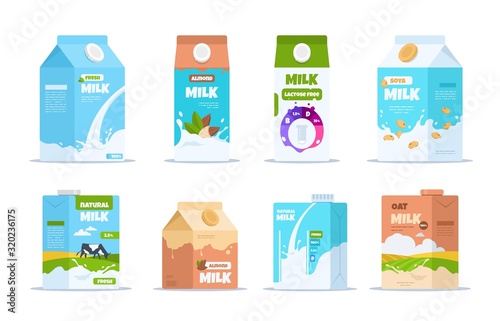 Milk box. Cartoon food containers with almond organic soy and lactose-free milk. Vector set layout of containers for vegan milk isolated on white background