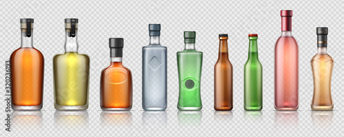 Realistic alcohol bottles. Transparent glass containers for whiskey, tequila, vermouth and other alcoholic beverages. Vector isolated set luxury bottle for beverage or premium drink