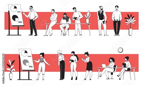 Business people in office. Young diverse men and women discussing presentation, meeting and working together. Vector cartoon modern office persons, illustration businessman communication in workspace