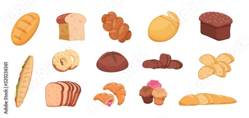 Cartoon bread. Wheat rye and buckwheat sliced and whole bread baguette croissant bagel, toast bread pita and ciabatta. Vector bakery set isolate on white