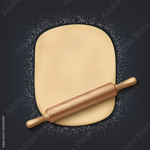 Dough and rolling pin. Realistic 3D bakery mix with flour dough and wooden rolling pin on the table. Vector elements for baker shop or cafe poster on black background