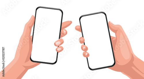 Man hand and woman hand holding the black smartphone blank screen with modern frameless design. Vector illustration isolated on white background.