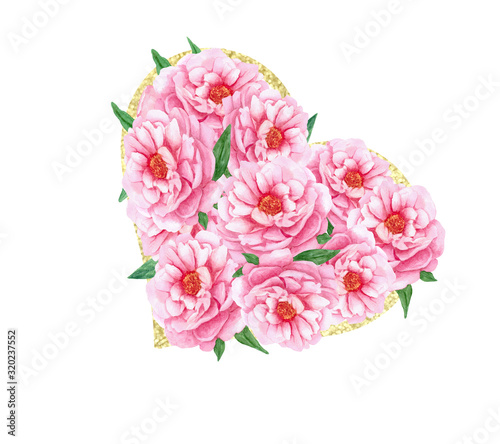Watercolor illustration. Heart with pink flowers. Nice, bright poster. For decorating greeting cards.