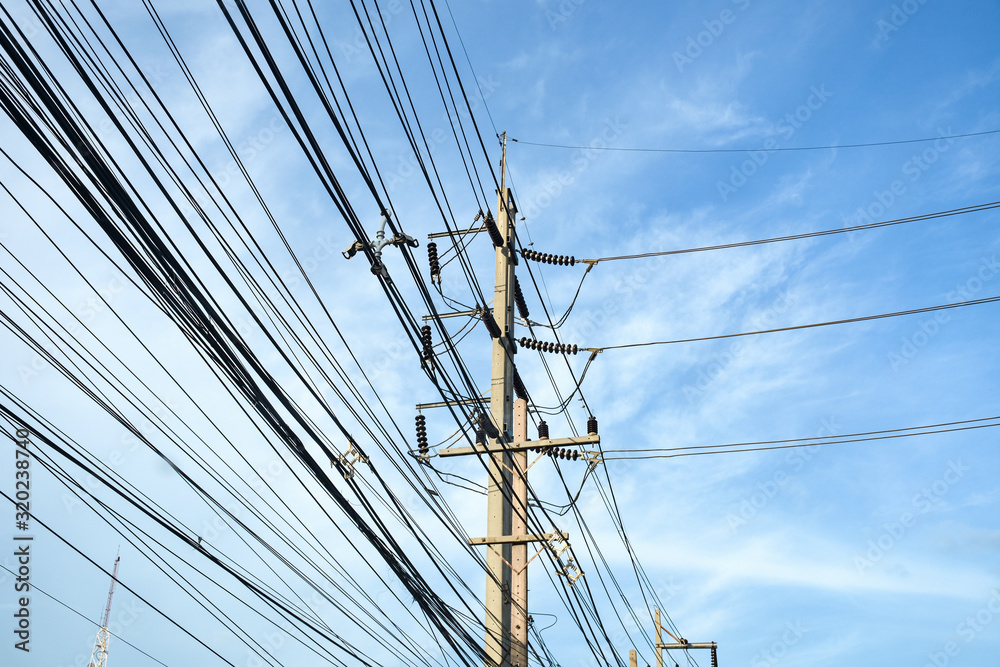 Tangle of Electrical cables and Communication wires on electric pole. Tangle of Electrical cables and Communication wires on electric pole.