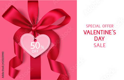  Decorative red bow with heart price tag. Valentines day sale design template. Vector illustration