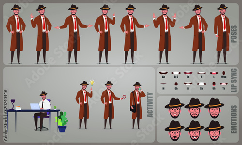Private Detective character Set. Collection of character body Poses, facial gestures, investigation activities and Lip syncs poses. Ready-to-use and animate, character set. Vector illustration.