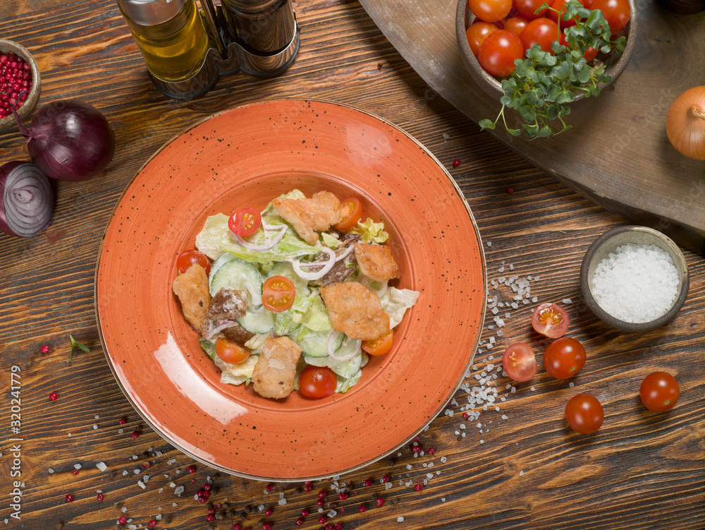 Caesar Salad with Chicken and Vegetables, studio light