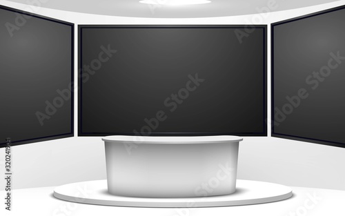 white table and lcds background in the news studio room