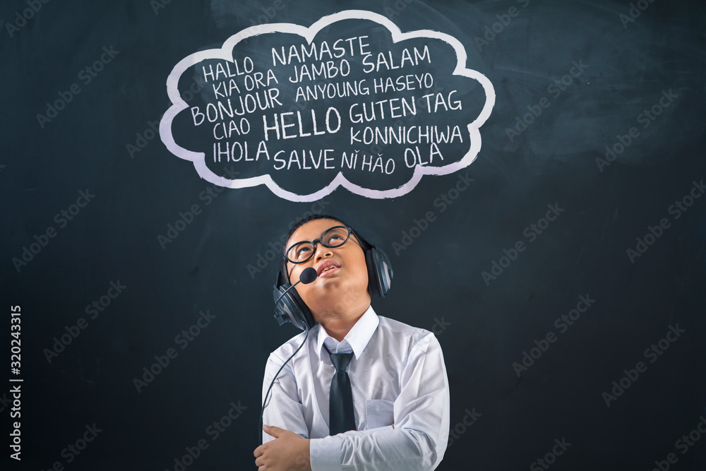 Boy with headphones and different greeting words