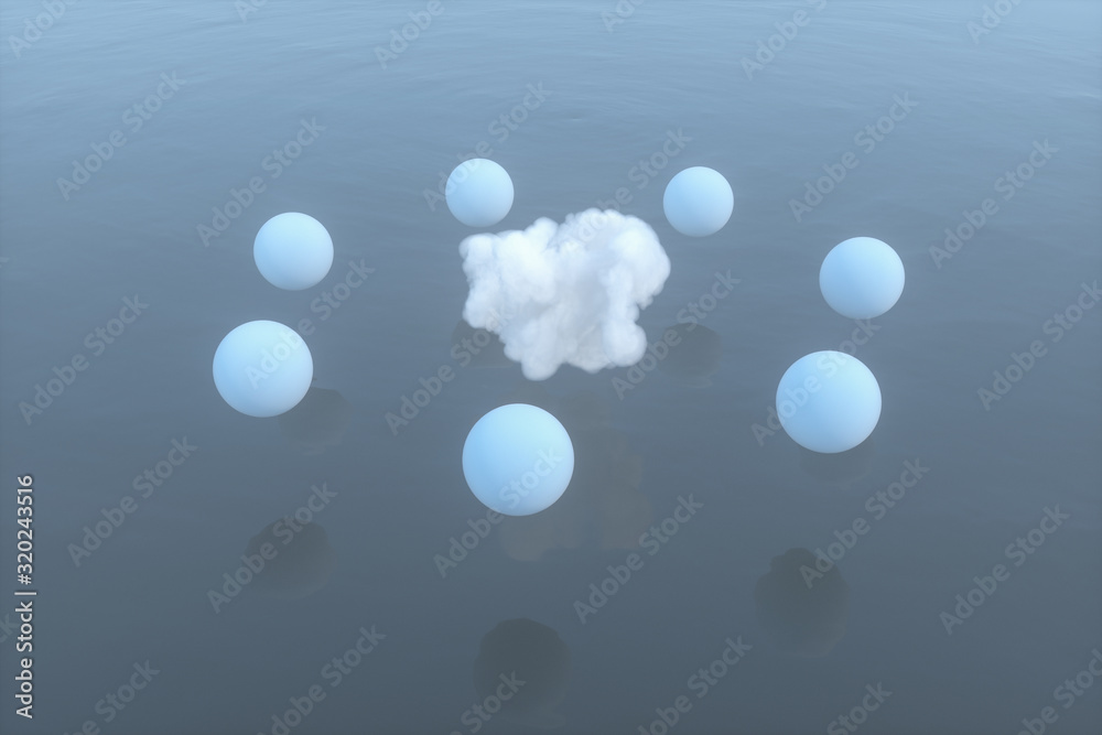 Balls and clouds floating on the lake,peaceful scene,3d rendering. Balls and clouds floating on the lake,peaceful scene,3d rendering.
