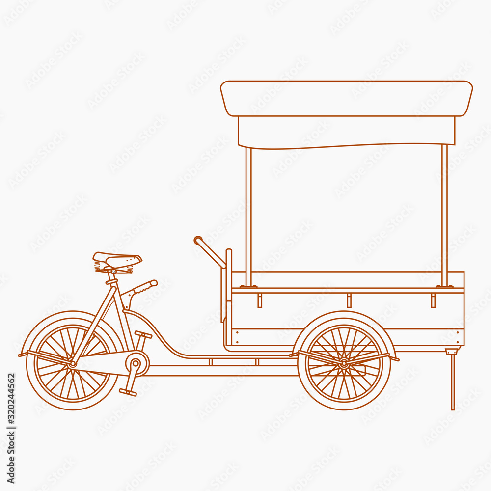 Editable Isolated Side View Mobile Food Bike Shop Vector Illustration in Outline Style for Artwork Element of Vehicle or Food and Drink Business Related Design