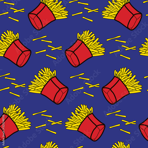 French fries in red boxes seamless pattern. Blue background. Fast food, snack vector wallpaper.	