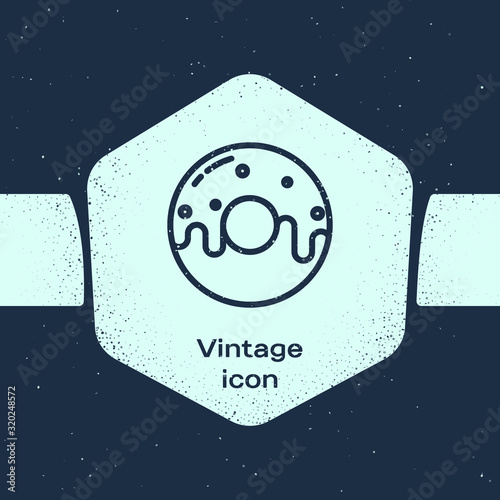 Grunge line Donut with sweet glaze icon isolated on blue background. Monochrome vintage drawing. Vector Illustration