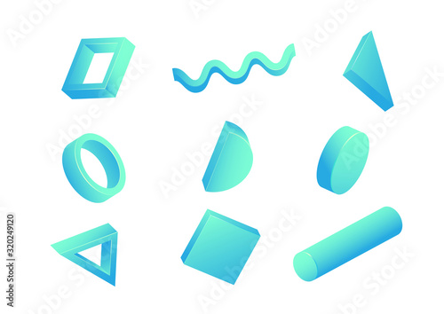 Set of isolated on white background various dynamic geometric shapes in trendy neo mint, aqua menthe and blue colors in no gravity style. Design elements