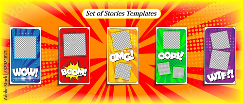 Vector colorful background in pop art retro comic style. Vector trendy editable set of templates for social media networks stories. Modern design backgrounds for flyers, cards, posters. 