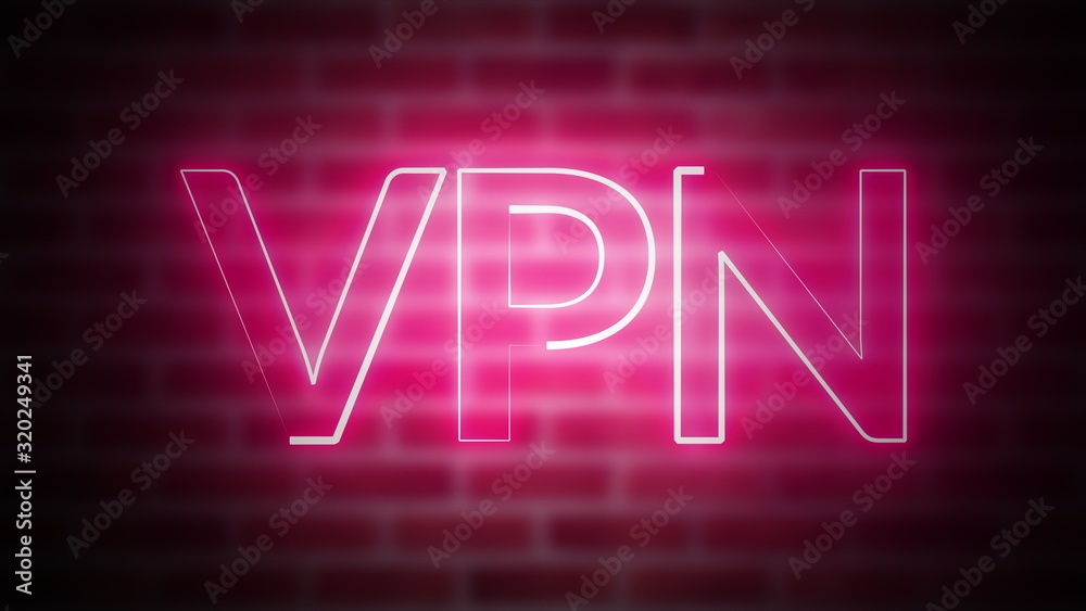 3D rendering of shine text VPN against the background of brick, computer generated wireframe symbol with glowing laser light
