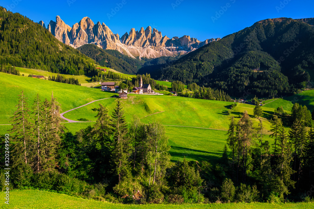 Summer alpine landscape with Santa Maddalena mountain village, Dolomites, Italy