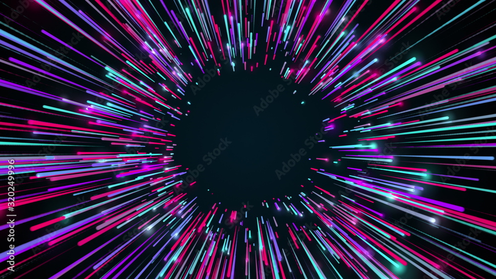 Obraz premium 3d rendering movement through long corridor from colour beams. Speed of light, neon glowing rays in motion. Computer generated abstract modern cosmic background