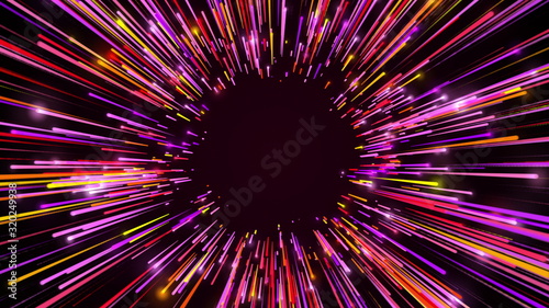 3d rendering movement through long corridor from colour beams. Speed of light, neon glowing rays in motion. Computer generated abstract modern cosmic background