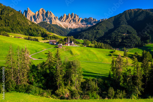 Summer alpine landscape with Santa Maddalena mountain village, Dolomites, Italy